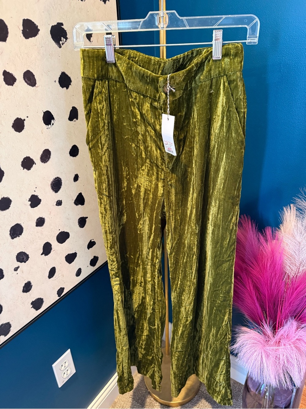 Ellison Olive Crushed Velvet Wide-Leg Trousers